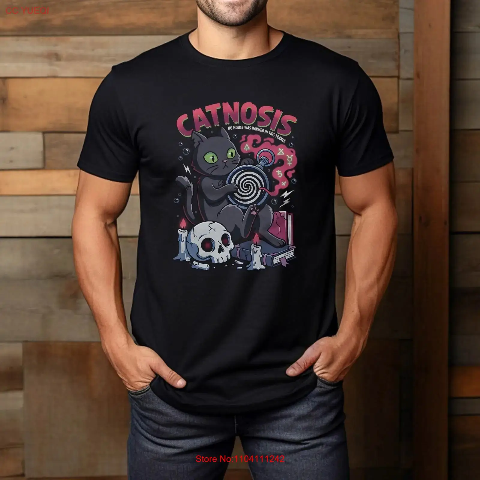 Mens Fashion Black Shirt - Catnosis Black Cat Hypnosis Magic Skull
