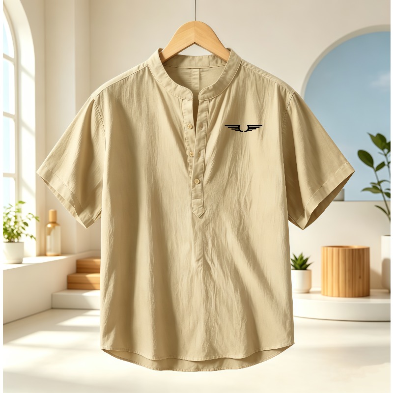 Men's cotton and linen Henley  - Linen Shirt Summer ulasan dan harga