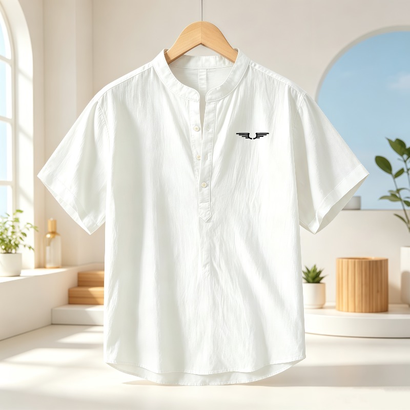 Men's cotton and linen Henley  - Linen Shirt Summer ulasan dan harga