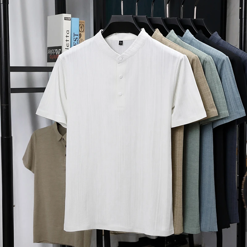 Mens Mandarin Collar Half Plac - Linen Shirt Summer ulasan dan harga