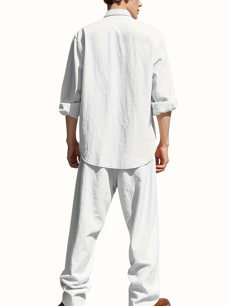 Men's White Linen Suit Set Lon - Linen Shirt Summer ulasan dan harga