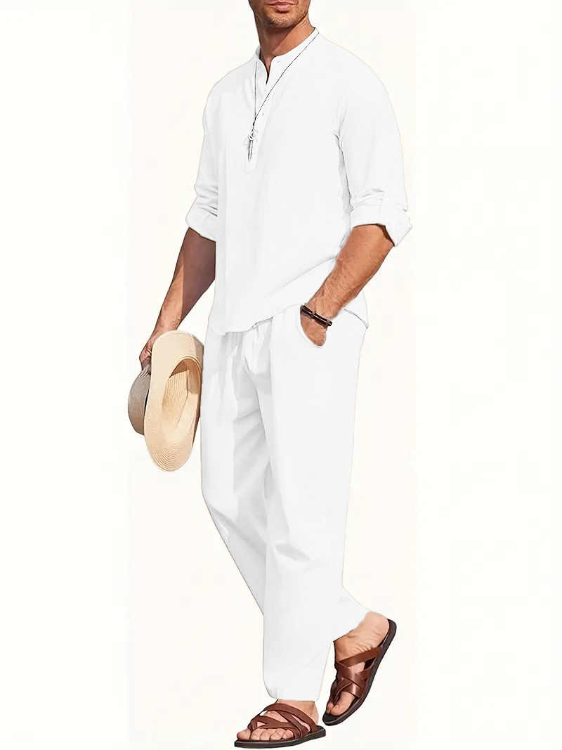 Men's White Linen Suit Set Lon - Linen Shirt Summer ulasan dan harga